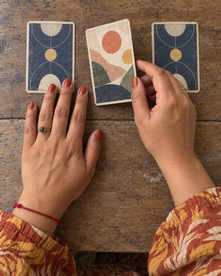 Mãos da Nara virando três cartas sobre a mesa de madeira
