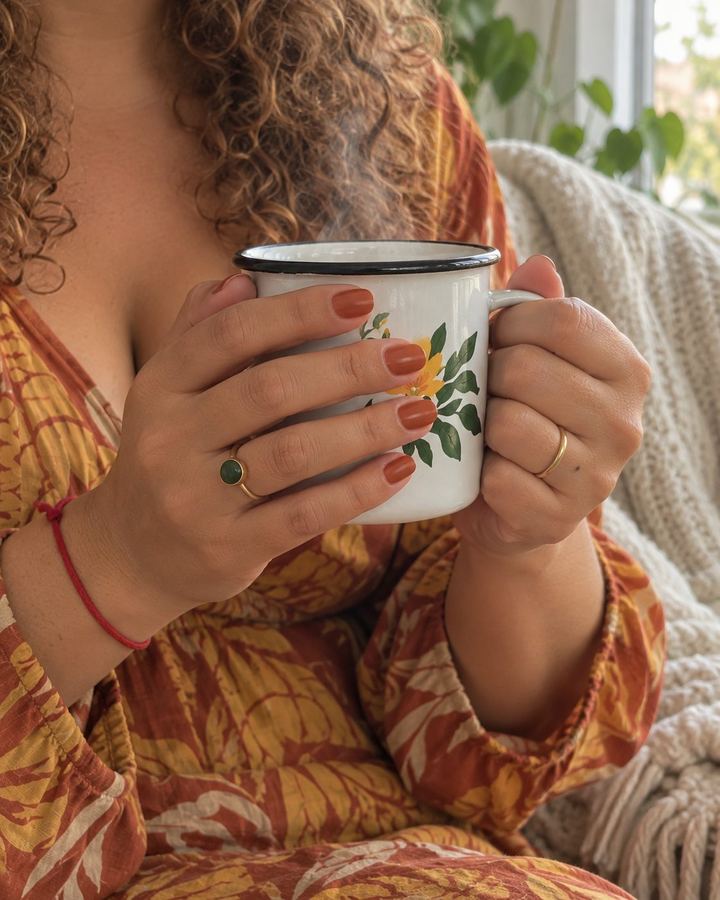 Nara segurando uma caneca de café com as duas mãos