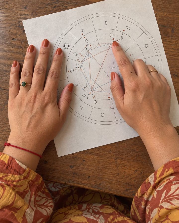 Mãos da Nara apontando para uma roda de mapa astral desenhada em papel