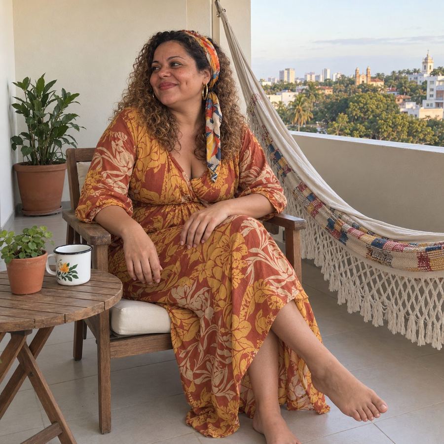 Nara sentada na rede da varanda, sorrindo, com Olinda ao fundo